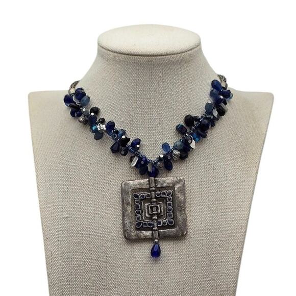 Chico’s Blue Beaded Statement Necklace Silver Tone Square Pendant - Picture 2 of 8
